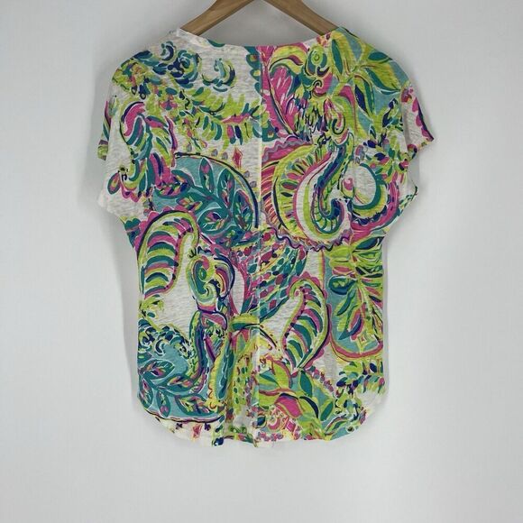 Lilly Pulitzer T Shirt Size Small Pink Green Knit Linen Casual Top Print Beachy - Picture 6 of 9